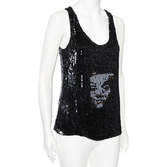 Alexander Mcqueen Black Sequinned Silk And Beaded Skull Pattern Sleeveless Top M